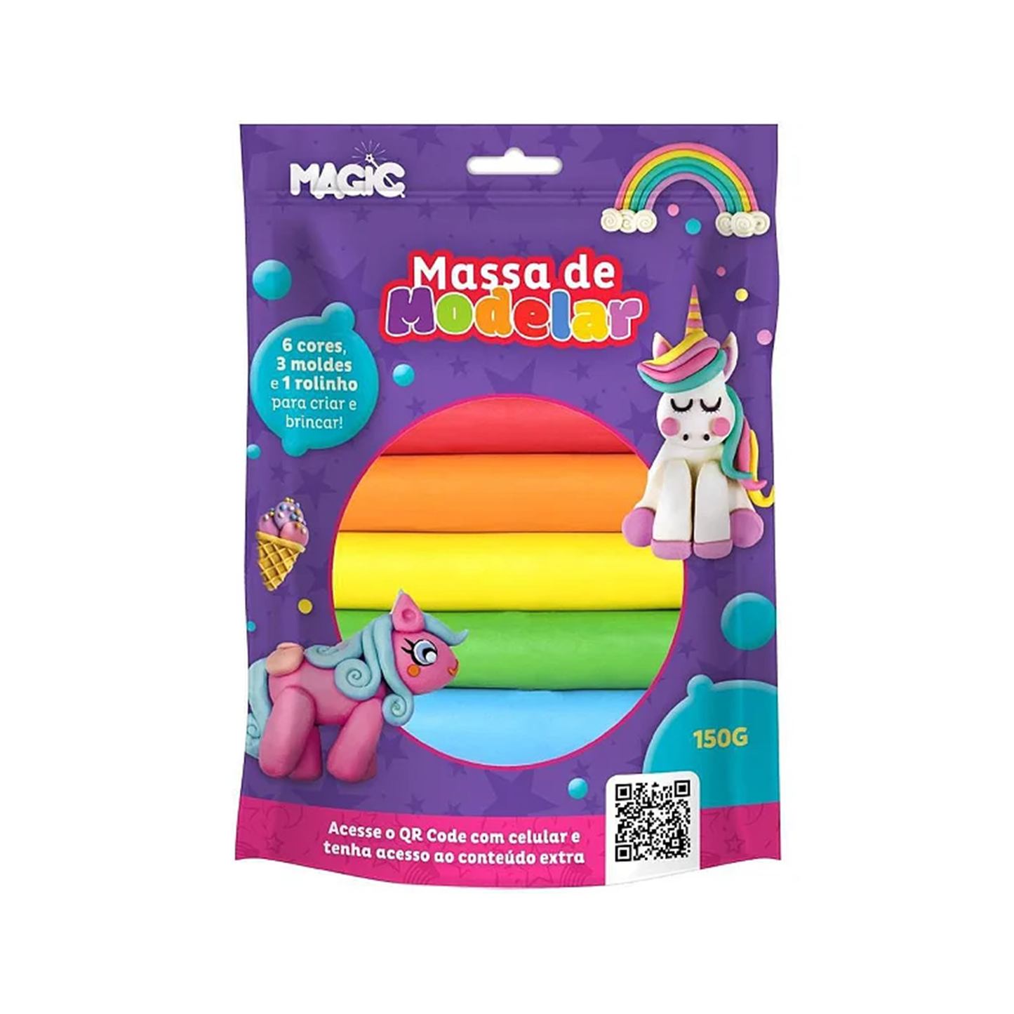 Magic Massa Modelar 6 Cores 3 Moldes 1 Rolinho - Unicórnio - 150g