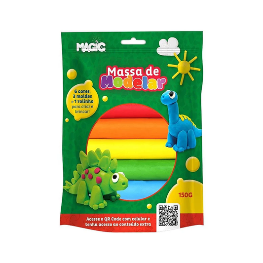 Magic Massa Modelar 6 Cores 3 Moldes 1 Rolinho - Dinossauro - 150g