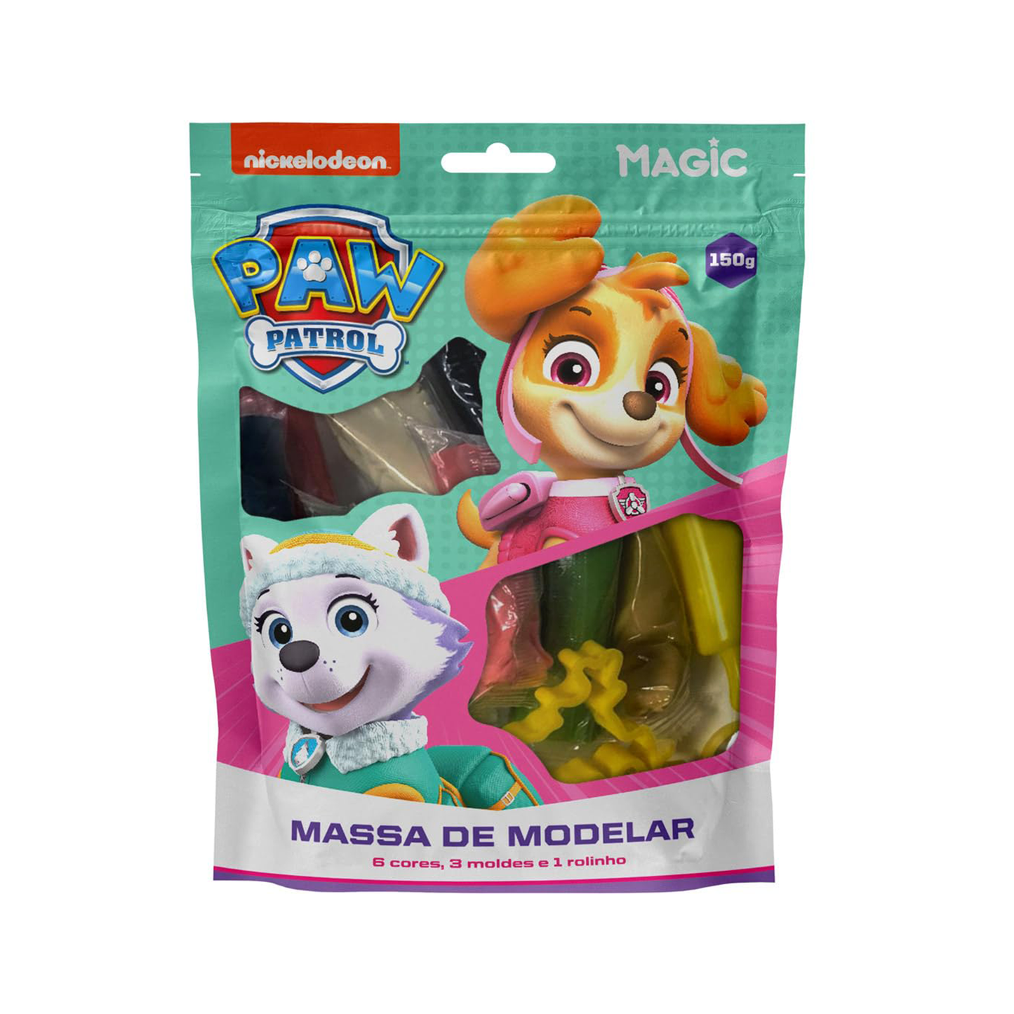 Magic Massa Modelar Patrulha Canina para Meninas - 6 Cores 3 Moldes e 1 Rolinho